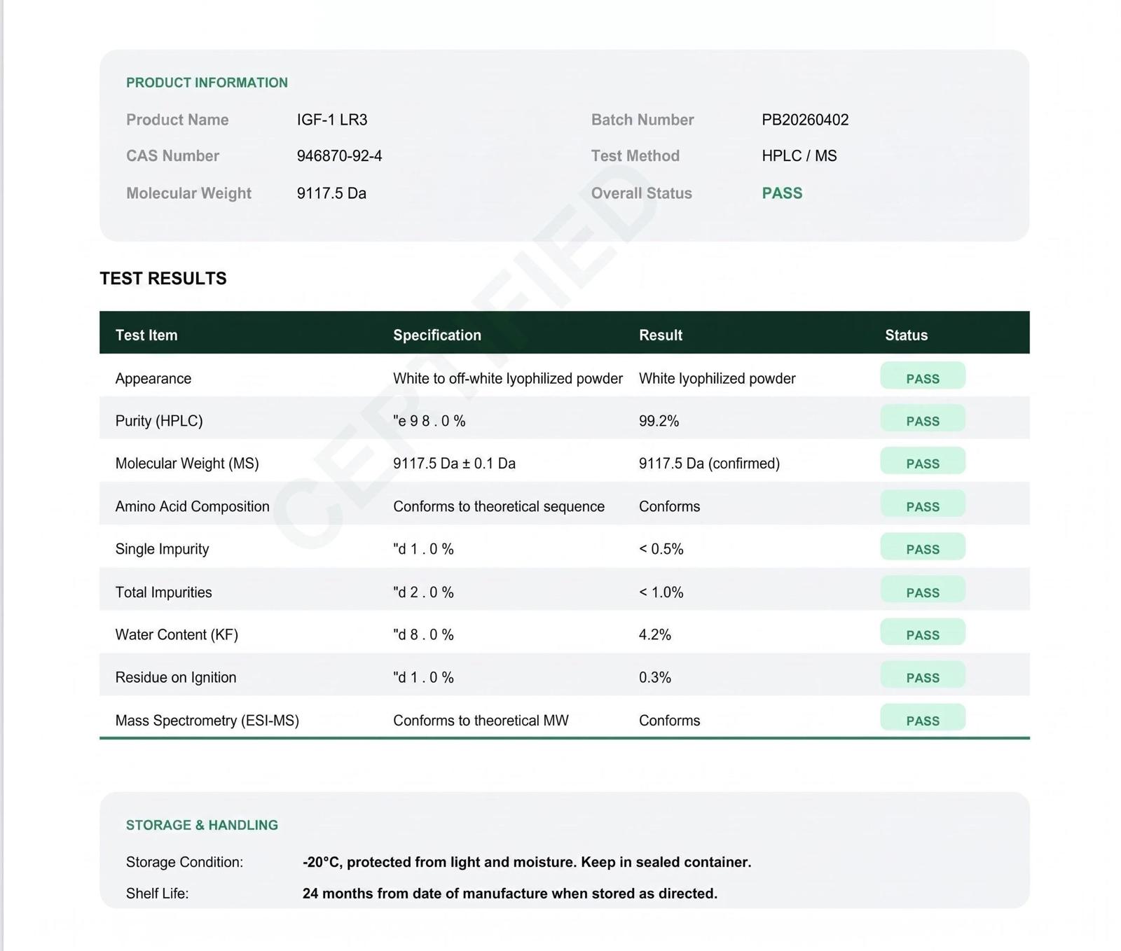 Preview of IGF-1 LR3 — supplied report image